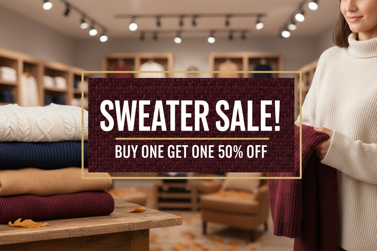 Sweater Sale! Buy One Get One 50% Off  Discount will be applied to lesser amount